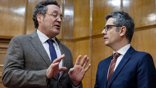 El fiscal general del Estado, Álvaro García Ortiz, y el ministro de Presidencia, Justicia y Relaciones con las Cortes, Félix Bolaños, este lunes. El fiscal general del Estado, Álvaro García Ortiz, y el ministro de Presidencia, Justicia y Relaciones con las Cortes, Félix Bolaños, este lunes.