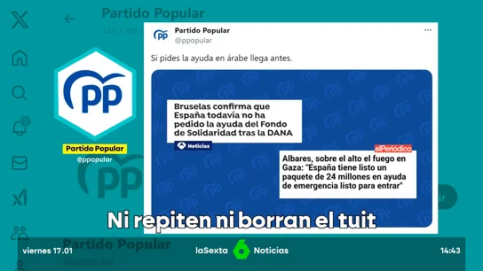 El PP evita defender su infame tuit sobre las ayudas de Gaza y la DANA, pero tampoco rectifica El PP evita defender su infame tuit sobre las ayudas de Gaza y la DANA, pero tampoco rectifica
