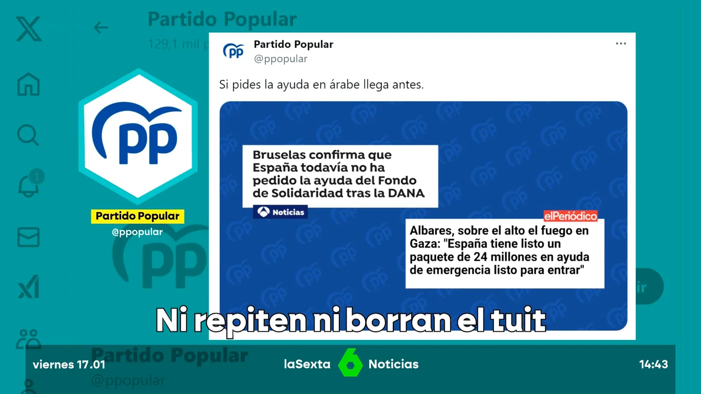 El PP evita defender su infame tuit sobre las ayudas de Gaza y la DANA, pero tampoco rectifica El PP evita defender su infame tuit sobre las ayudas de Gaza y la DANA, pero tampoco rectifica