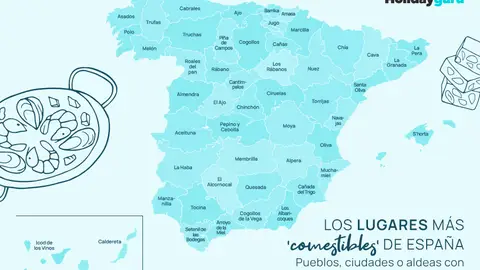 El mapa con los pueblos, ciudades o aldeas con nombres de alimentos El mapa con los pueblos, ciudades o aldeas con nombres de alimentos