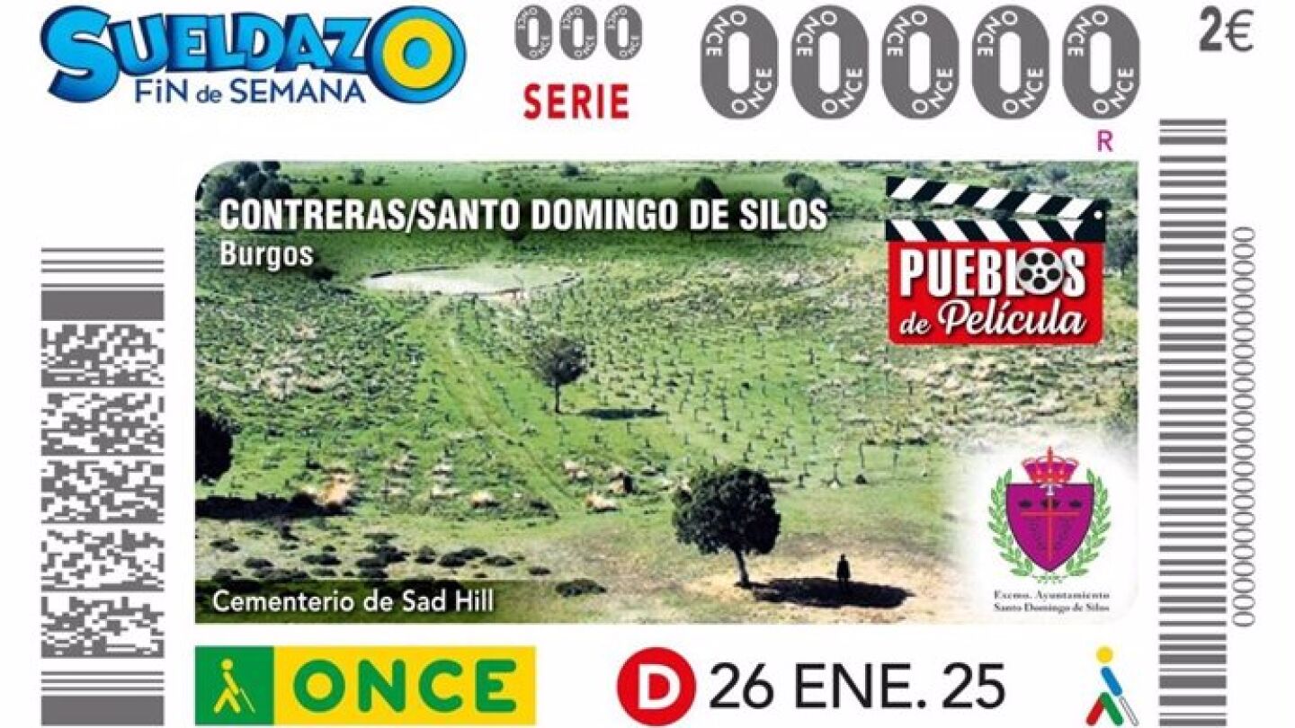 Cupón del Sueldazo de la ONCE con la imagen del cementerio de Sad Hill, de la película 'El bueno, el feo y el malo'.