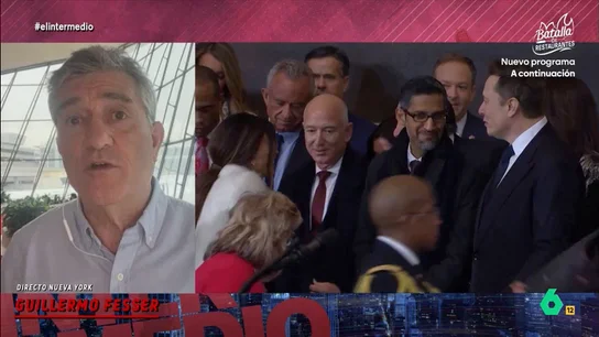 Guillermo Fesser, sobre los millonarios en la investidura de Trump: "Quiere utilizar la Casa Blanca como el palco del Bernabéu" "Entregar las llaves del Gobierno a los millonarios son buenas noticias para Donald Trump, que ha venido a hacer negocios y ser uno de ellos", comenta Fesser sobre la presencia de Zuckerberg, Bezos y Elon Musk en la investidura.