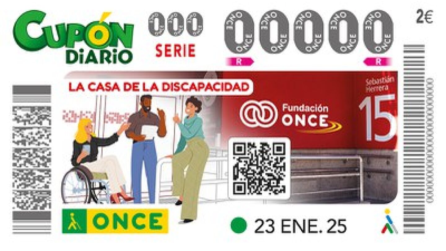 Imagen del Cupón diario de la ONCE del jueves 23 de enero de 2025, dedicado a 'La casa de la discapacidad'.