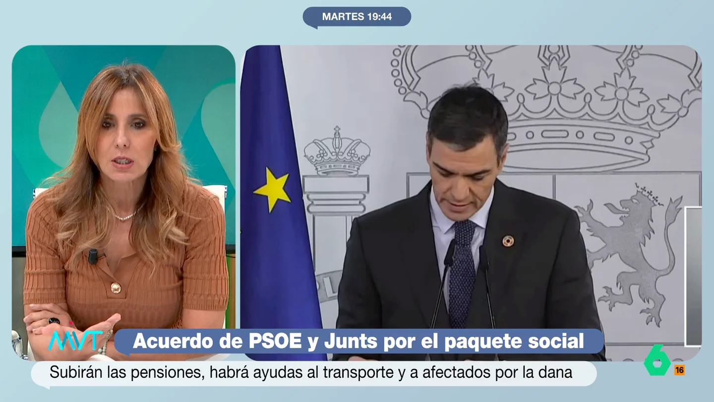 Carmen Morodo, sobre el acuerdo entre PSOE y Junts: "Es la confirmación de que Junts dirige la política del Gobierno" "El partido sigue, pero en unas condiciones donde o se cumple lo que tienen pactado con Junts, o si no como dicen ellos: 'Deadline'", afirma Carmen Morodo en este vídeo tras el acuerdo entre Gobierno y Junts por el paquete social.