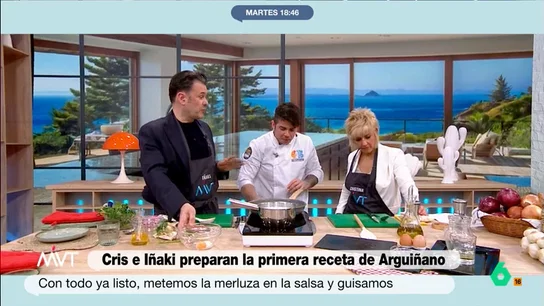 Iñaki López, ante las dudas de Carlos Maldonado con el plato: "No os preocupéis, que lo realzamos con mis huevos" Iñaki López y Cristina Pardo, con la ayuda del chef Carlos Maldonado, preparan el primer plato de Karlos Arguiñano en Antena 3. Mientras la presentadora no tiene claro el punto de sal, su compañero se 'pelea' con un huevo poché.
