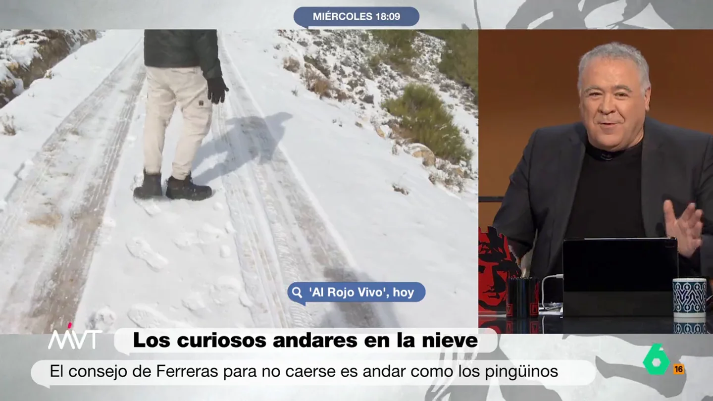 El consejo de Antonio García Ferreras a Javier Bastida: "Con el hielo y la nieve, caminando siempre como un pingüino" Cristina Pardo, Iñaki López y Joanna Ivars comentan con Javier Bastida el divertido momento con Ferreras en 'Al Rojo Vivo' en el que el reportero termina caminando sobre la nieve imitando a un pingüino.