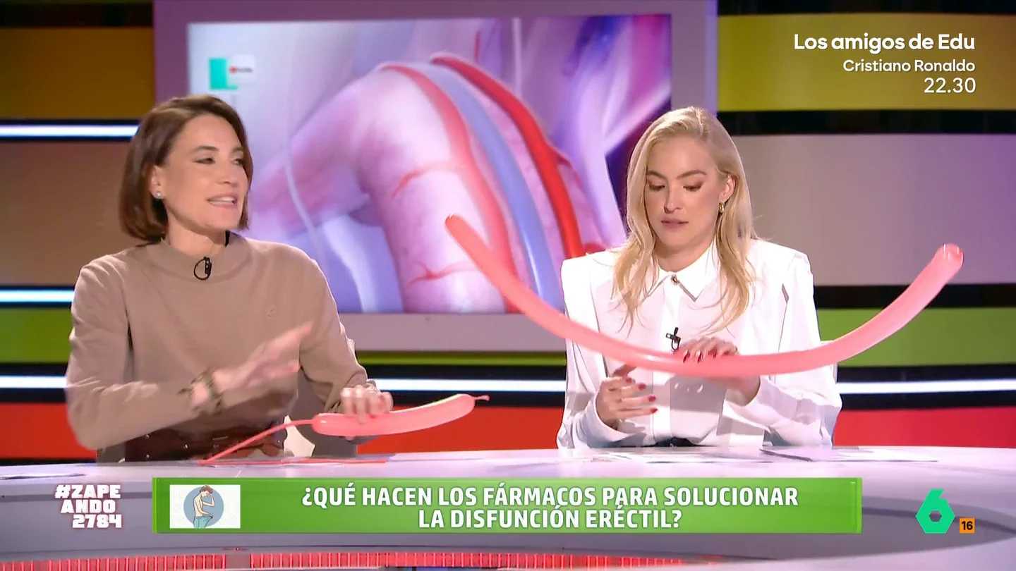 Boticaria García explica cómo funcionan los fármacos contra la disfunción eréctil con globos La farmacéutica utiliza estos elementos para mostrar como actúa la famosa "pastilla azul" contra este trastorno. Su idea ha provocado las risas de los zapeadores.