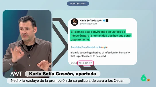 Iñaki López, sobre Karla Sofía Gascón y el Oscar: "Will Smith soltó una hostia y cinco minutos después le daban un premio" Más Vale Tarde analiza en este vídeo la decisión de Netflix de apartar a Karla Sofía Gascón de la promoción de 'Emilia Pérez' para los Oscars, así como las posibilidades de lograr el premio a mejor actriz tras conocerse sus polémicos tuis.