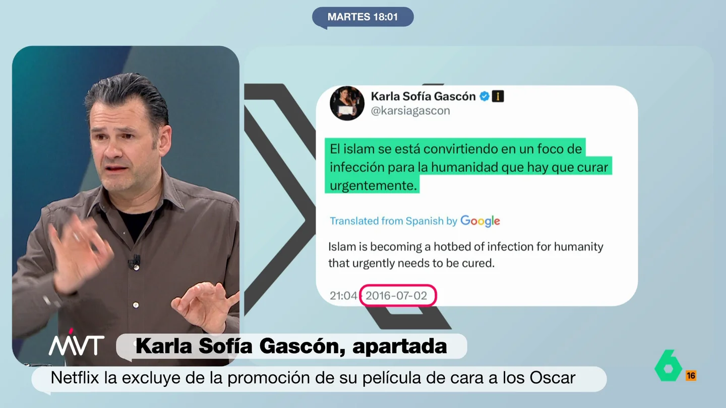 Iñaki López, sobre Karla Sofía Gascón y el Oscar: "Will Smith soltó una hostia y cinco minutos después le daban un premio" Más Vale Tarde analiza en este vídeo la decisión de Netflix de apartar a Karla Sofía Gascón de la promoción de 'Emilia Pérez' para los Oscars, así como las posibilidades de lograr el premio a mejor actriz tras conocerse sus polémicos tuis.