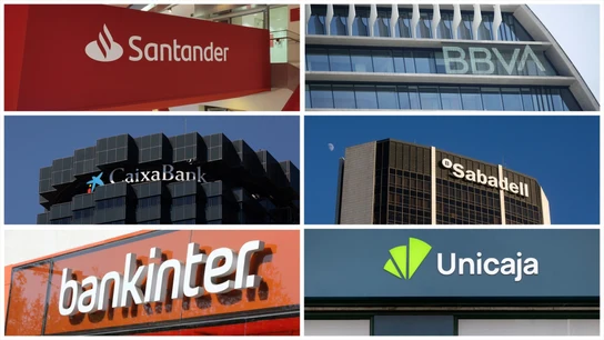 Logos de Banco Santander, BBVA, CaixaBank, Banco Sabadell, Bankinter y Unicaja. Logos de Banco Santander, BBVA, CaixaBank, Banco Sabadell, Bankinter y Unicaja.