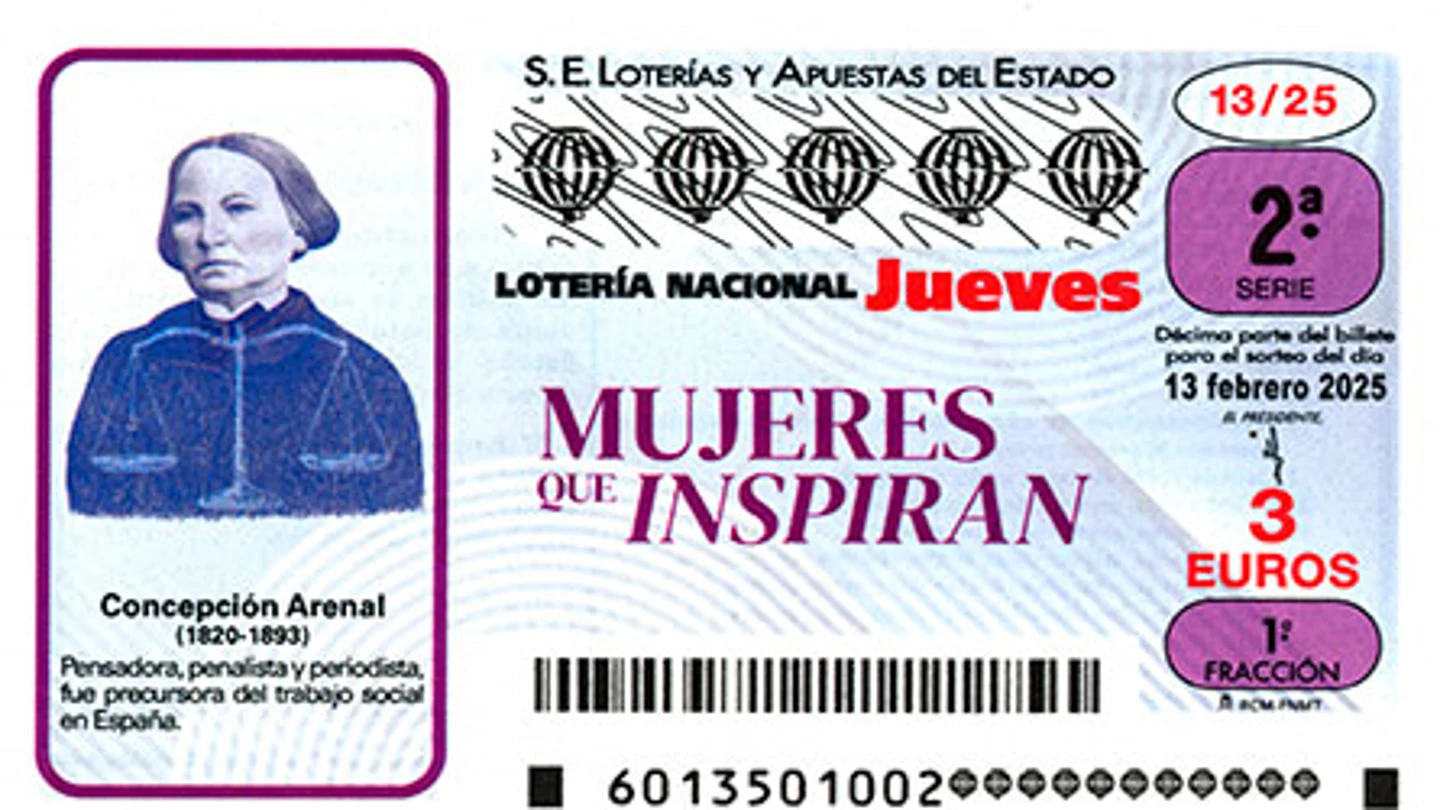 Décimo de la Lotería Nacional dentro de la colección 'Mujeres que inspiran', con Concepción Arenal como protagonista. Décimo de la Lotería Nacional dentro de la colección 'Mujeres que inspiran', con Concepción Arenal como protagonista.