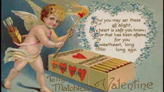 Una postal por San Valentín con Cupido encendiendo una cerilla Una postal por San Valentín con Cupido encendiendo una cerilla