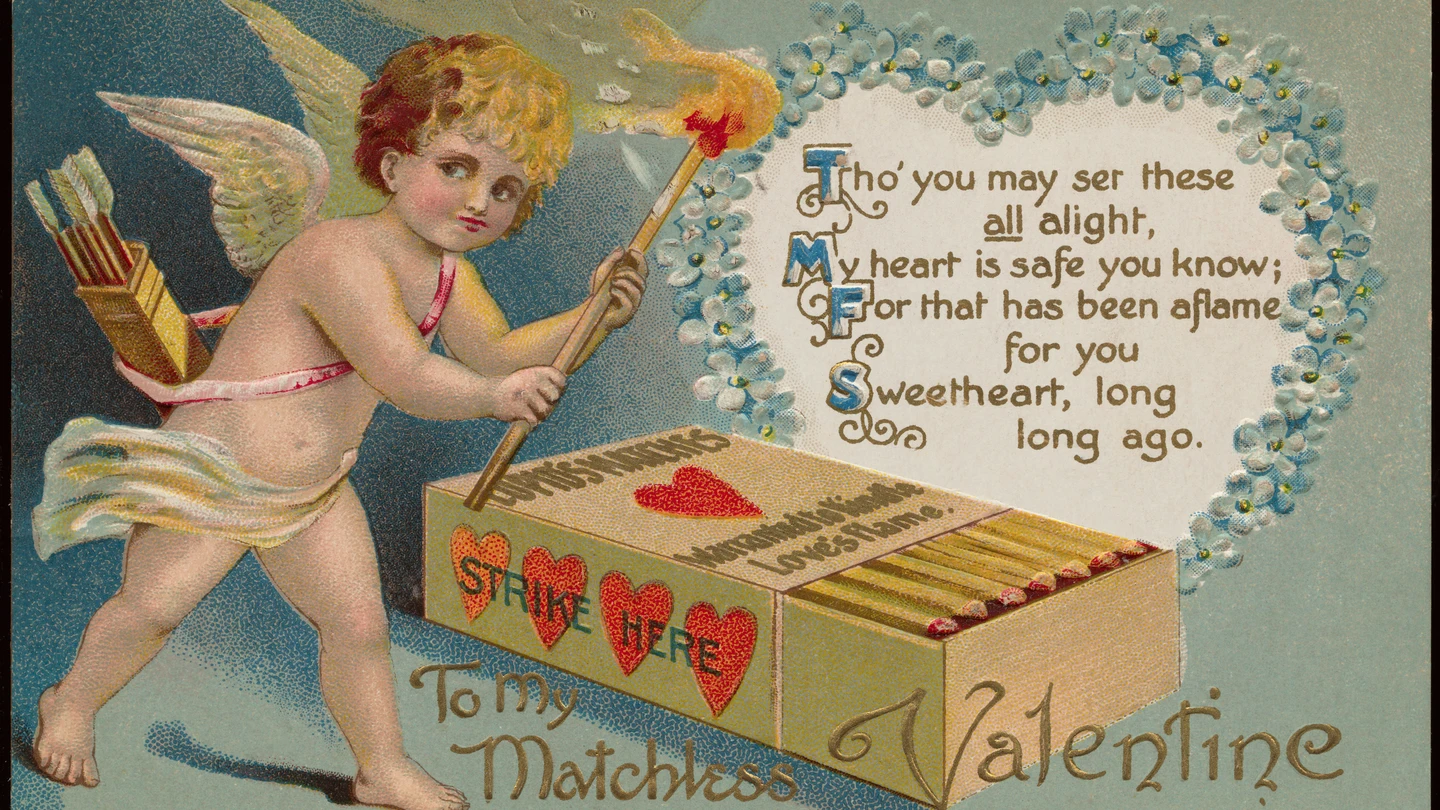Una postal por San Valentín con Cupido encendiendo una cerilla Una postal por San Valentín con Cupido encendiendo una cerilla