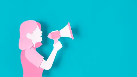Ilustración de una mujer con altavoz. Ilustración de una mujer con altavoz.