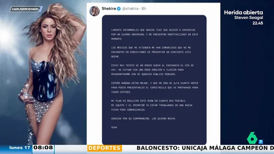 Shakira cancela su concierto en Perú tras ser ingresada por un cuadro abdominal: "No estoy en condiciones" Shakira cancela su concierto en Perú tras ser ingresada por un cuadro abdominal: "No estoy en condiciones"