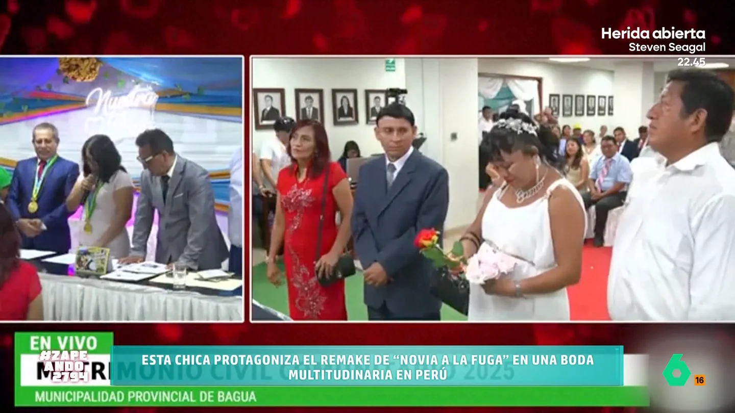 Una mujer de Perú 'protagoniza' un remake de 'Novia a la fuga': "El novio se queda sonriendo más colgado que el Windows" La mujer coge el micro para anunciar que no quiere casarse estando en el altar. Su novio no puede evitar poner cara de sorpresa al igual que el resto de asistentes al evento que ven a la novia huir.