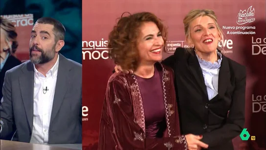Dani Mateo analiza el abrazo de Díaz y Montero: "Equivale al tiempo que han estado en este Gobierno de coalición sin discutir" El colaborador ha analizado el lengua no verbal de las ministras después de que estas se fundan en un abrazo que duró "la friolera de un minuto". "Poco más y se dan con los dientes", afirma Dani.