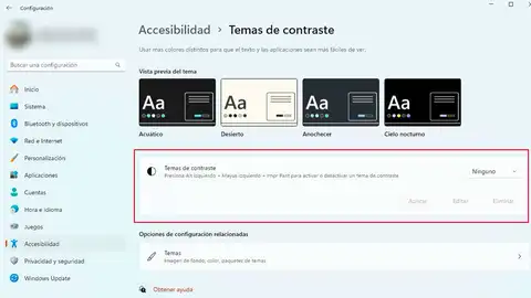 Activando el tema de alto contraste en Windows Activando el tema de alto contraste en Windows