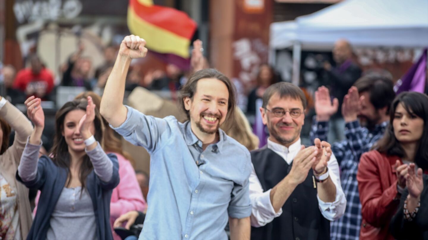 Pablo Iglesias, Irene Montero y Juan Carlos Monedero en un acto de precampa&ntilde;a de Podemos.