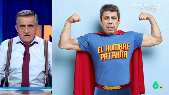 El Gran Wyoming desvela qué superhéroe sería Mazón: "El hombre Patraña, lanza mentiras que te hacen decir 'vaya tela...'" El político valenciano ha arremetido contra la AEMET, el Gobierno central o la la Confederación Hidrográfica del Júcar y el Gobierno central. Además, también ha intentado dar explicaciones sobre las llamadas que realizó el 29 de octubre.