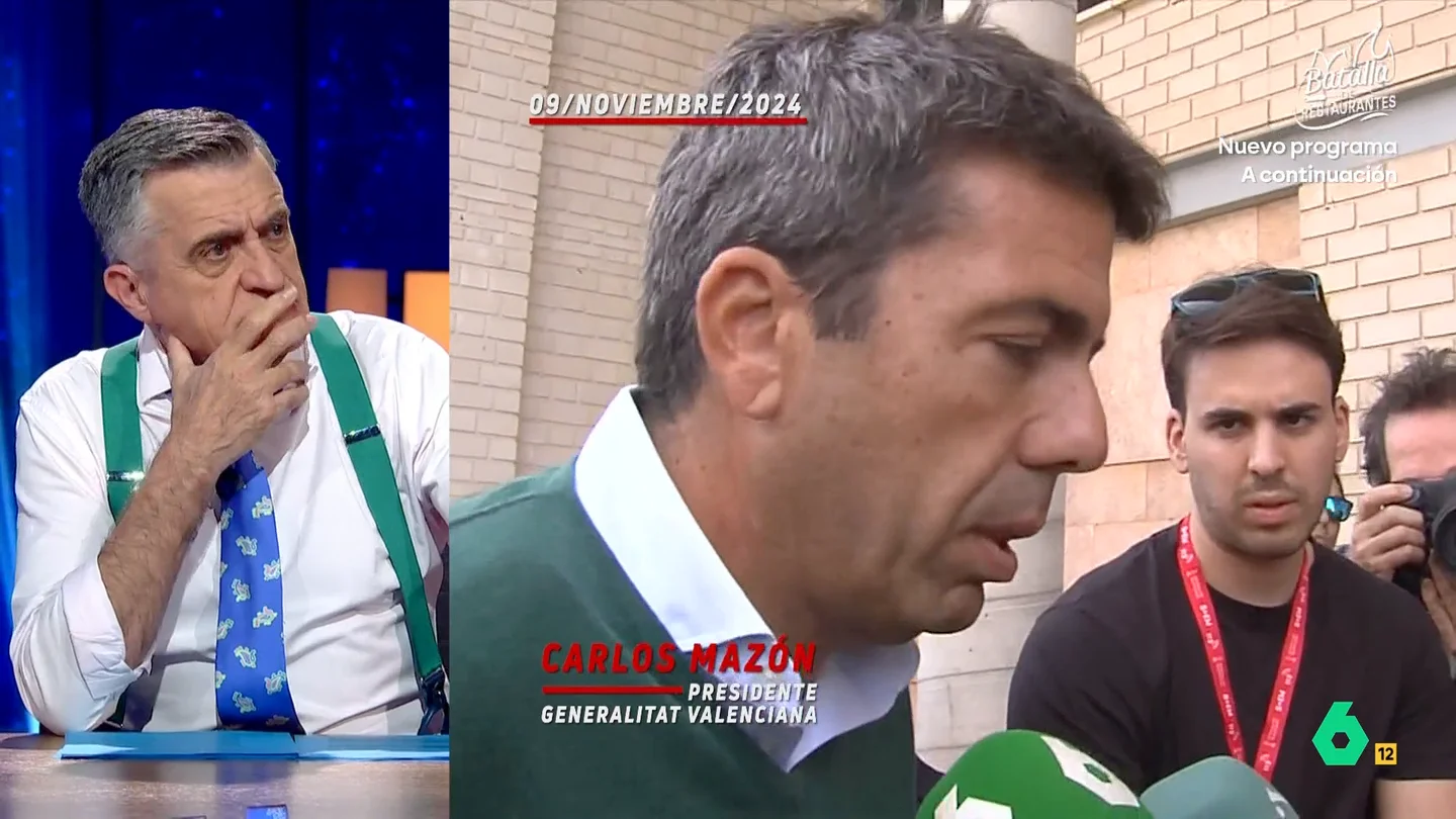 La pregunta de Wyoming a la jueza de la DANA: "Cuando llega Mazón al CECOPI, ¿la corbata estaba en el cuello o la cabeza?" Wyoming analiza con Sandra Sabatés las últimas noticias alrededor de Carlos Mazón el día de la DANA, desde su enésima versión sobre lo que estuvo haciendo, hasta las evasivas para dar a conocer su registro de llamadas o la geolocalización.