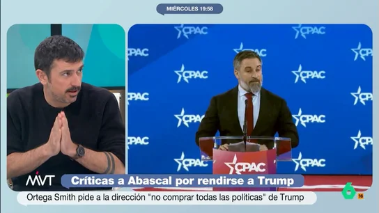 Ramón Espinar, tras las críticas en Vox a Abascal: "Cómo estará el tema para que Ortega Smith diga que te estás pasando de nazi" Ramón Espinar reacciona en este vídeo a las críticas de Ortega Smith a Santiago Abascal por 'sumisión' a las políticas de Donald Trump y recuerda que el diputado de Vox "fue militante de Falange".