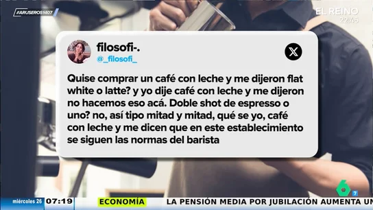Una cafetería le niega un café con leche a una clienta porque allí se siguen "las normas del barista": "¿Flat white, latte o doble shot de espresso?" Una cafetería le niega un café con leche a una clienta porque allí se siguen "las normas del barista": "¿Flat white, latte o doble shot de espresso?"