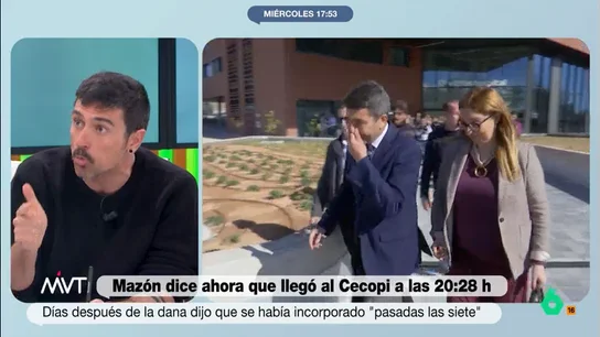 Ramón Espinar recuerda la moción de censura a Mazón: "Si sigue siendo presidente es porque PP y Vox han decidido apoyarle" Más Vale Tarde debate en este vídeo sobre la delicada situación de Carlos Mazón tras conocerse que llegó al CECOPI a las 20:28 horas, mucho más tarde de lo que había dicho en un principio.