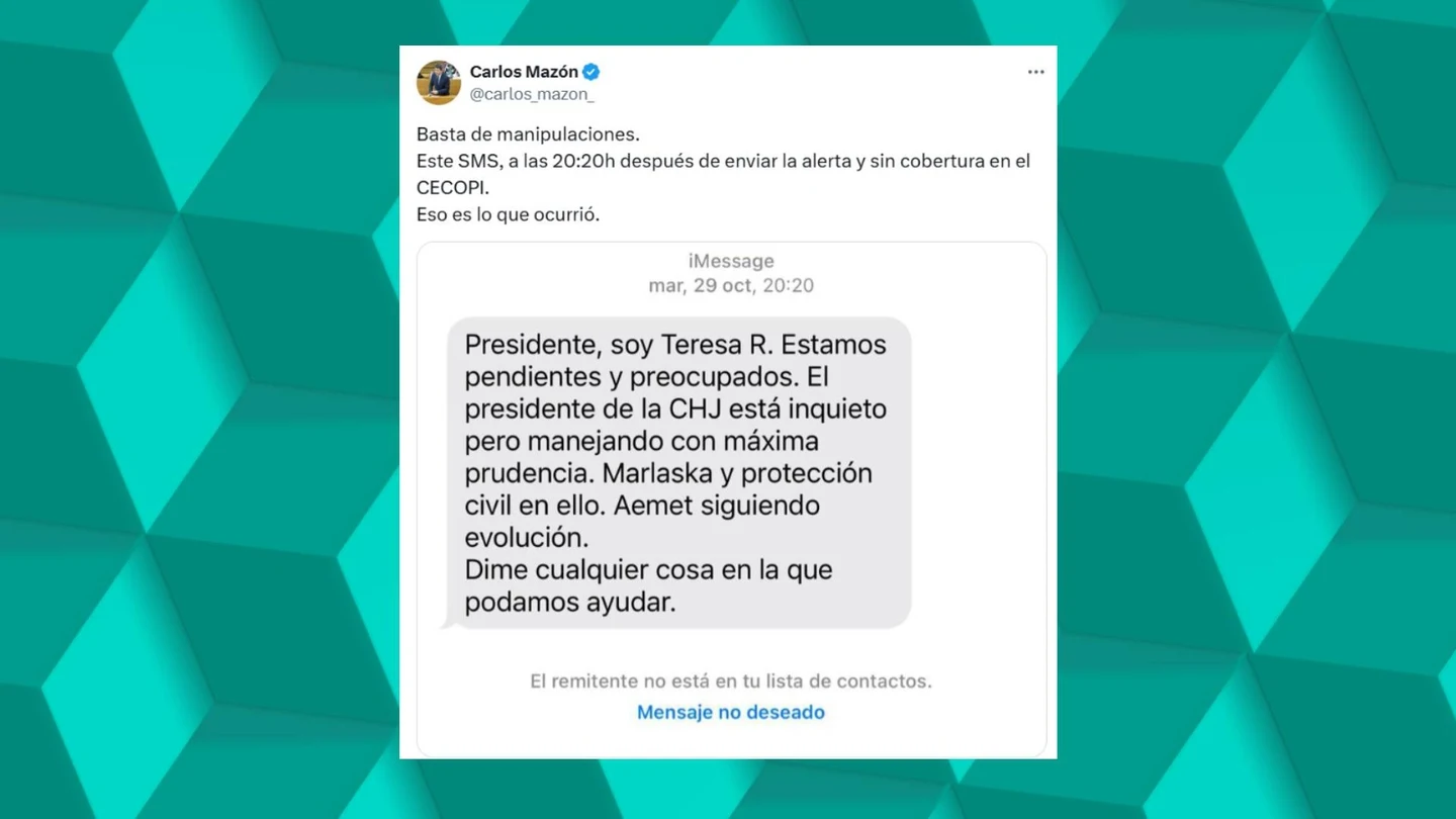 El tuit de Carlos Mazón sobre el SMS de Teresa Ribera El tuit de Carlos Mazón sobre el SMS de Teresa Ribera
