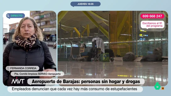 Una trabajadora de Barajas denuncia el aumento de drogadictos sin techo en el recinto: "Algunos son muy agresivos" Los trabajadores solicitan que se aumente la seguridad debido a la desprotección que sienten frente a estas personas no solo ellos sino también los viajeros. Como explica, varios de sus compañeros han sido agredidos por estas personas.
