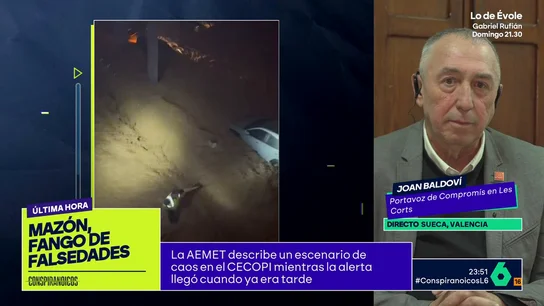 Joan Baldoví expone el testimonio de un testigo que vio a Mazón en el CECOPI antes de las 20:28: "Lo vi descolocado" El portavoz parlamentario de Compromís ha explicado que cuentan con un testigo que, tras ver la imagen del informe de la Generalitat, "se ratifica" en que vio al president a las 19:45 h.