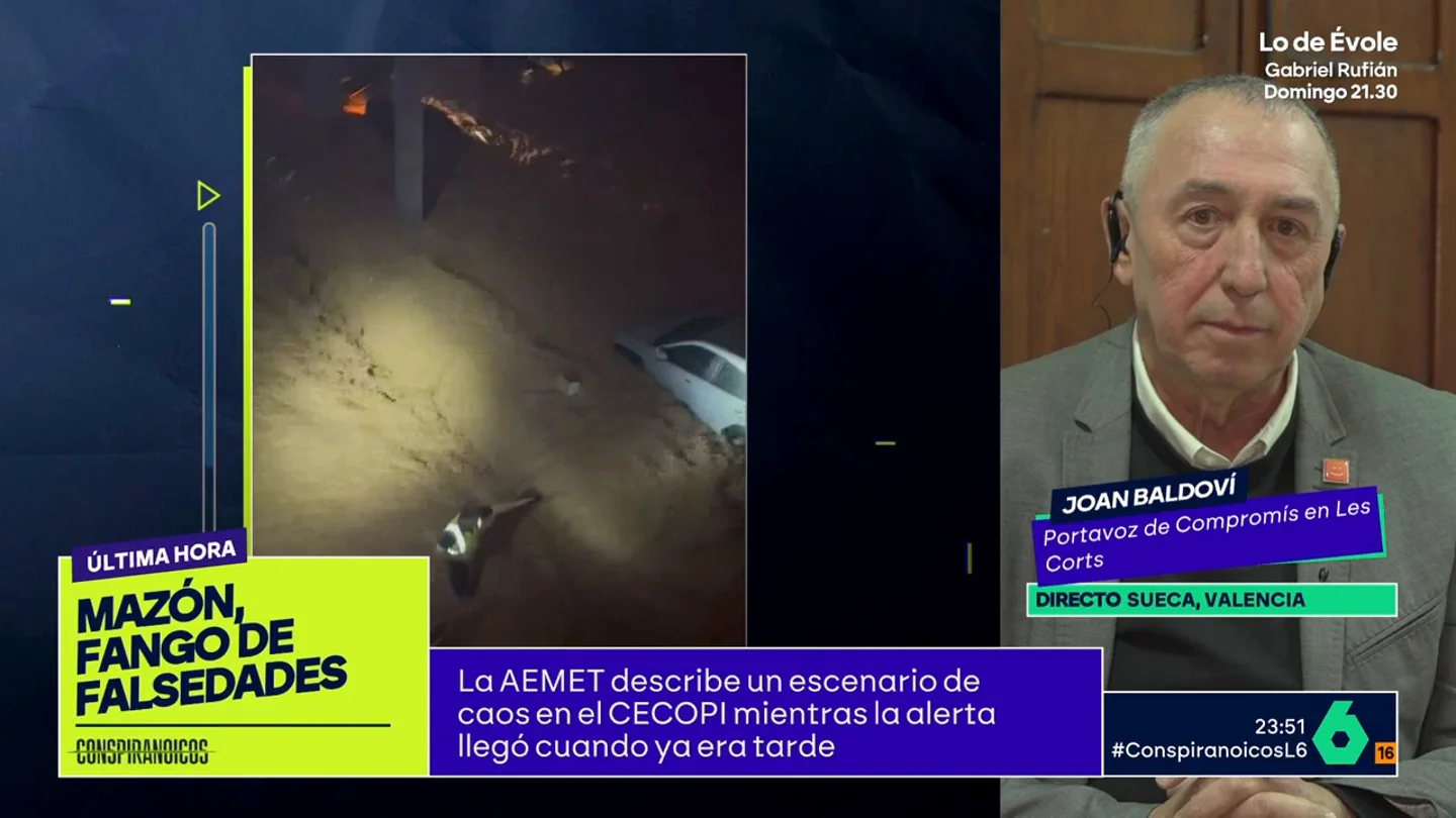 Joan Baldoví expone el testimonio de un testigo que vio a Mazón en el CECOPI antes de las 20:28: "Lo vi descolocado" El portavoz parlamentario de Compromís ha explicado que cuentan con un testigo que, tras ver la imagen del informe de la Generalitat, "se ratifica" en que vio al president a las 19:45 h.