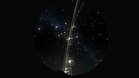 Imagen simulada del cielo visible a la puesta de Sol el 28 de febrero de 2025 Imagen simulada del cielo visible a la puesta de Sol el 28 de febrero de 2025