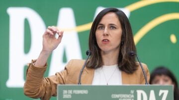 La secretaria general de Podemos, Ione Belarra, durante la IV Conferencia Europea por la Paz organizada por Podemos.