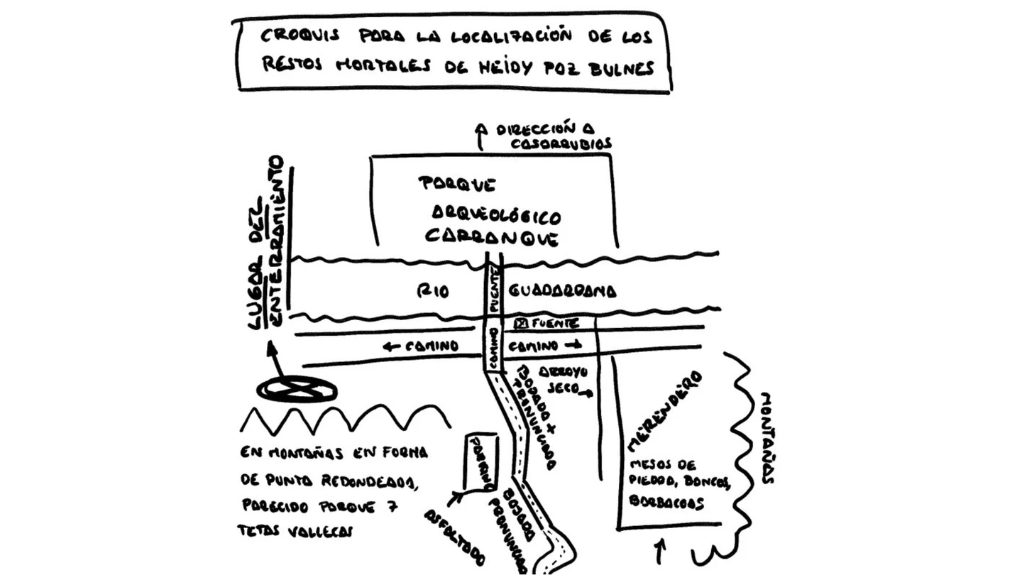 Croquis que incluye César Román en un escrito en el que detalla la localización de los restos de su pareja Croquis que incluye César Román en un escrito en el que detalla la localización de los restos de su pareja