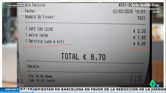 Se queja porque la cafetería le ha cobrado 5 euros de servicio de luz y wifi en la que ha estado unas horas teletrabajando Se queja porque la cafetería le ha cobrado 5 euros de servicio de luz y wifi en la que ha estado unas horas teletrabajando