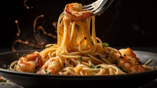 Un delicioso plato de pasta con gambas Un delicioso plato de pasta con gambas
