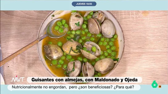 Receta de guisantes con almejas del chef Carlos Maldonado en cuatro pasos Paso a paso El chef con estrella Michelín Carlos Maldonado nos trae una receta deliciosa de guisantes con almejas, fácil de preparar en cuatro sencillos pasos.