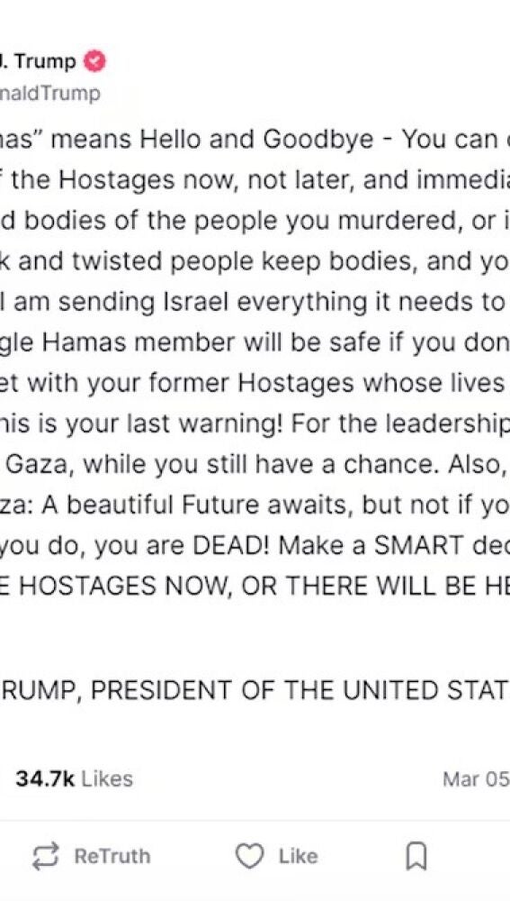 El mensaje de Donal Trump publicado en su red social este miércoles.