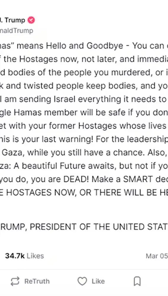 El mensaje de Donal Trump publicado en su red social este miércoles. El mensaje de Donal Trump publicado en su red social este miércoles.