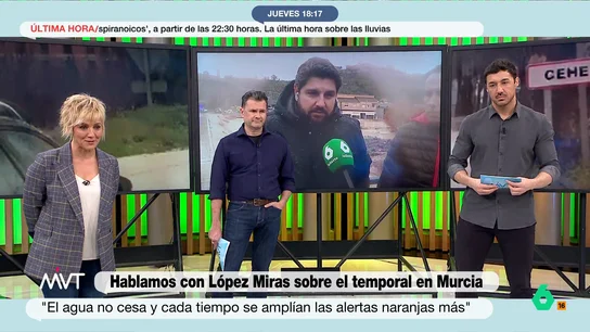 Cristina Pardo, a López Miras tras visitar las zonas afectadas: "Da la sensación de que han aprendido lo que no hay que hacer" Desde Lorca, una de las zonas más afectadas por la borrasca en Murcia, el presidente de la región, Fernando López Miras, valora la situación que, según él, "no es comparable" a la DANA del 29 de octubre en la Comunidad Valenciana.