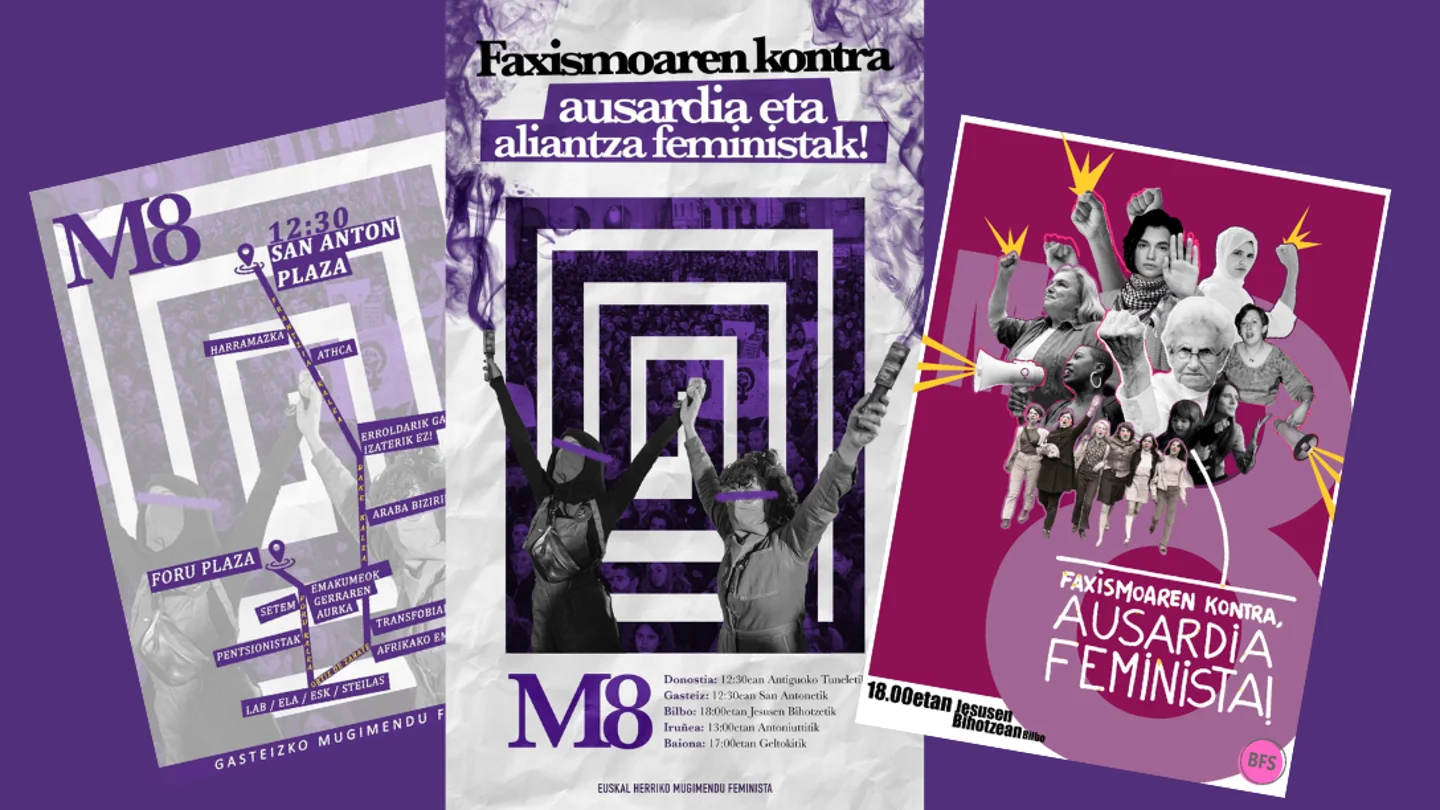 Algunos de los carteles de las manifestaciones del 8M en Euskadi en 2025 Algunos de los carteles de las manifestaciones del 8M en Euskadi en 2025