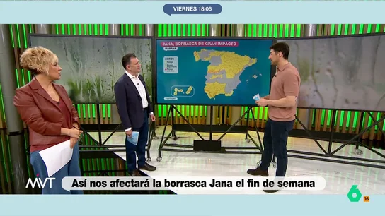 Iñaki López ironiza con la llegada de una nueva borrasca: "Lo vamos a pasar fetén con Jana" Francisco Cacho expone que el fin de semana hay avisos activados en la mayor parte de las comunidades autónomas de nuestro país por lluvia, rachas de viento fuertes o nieve.