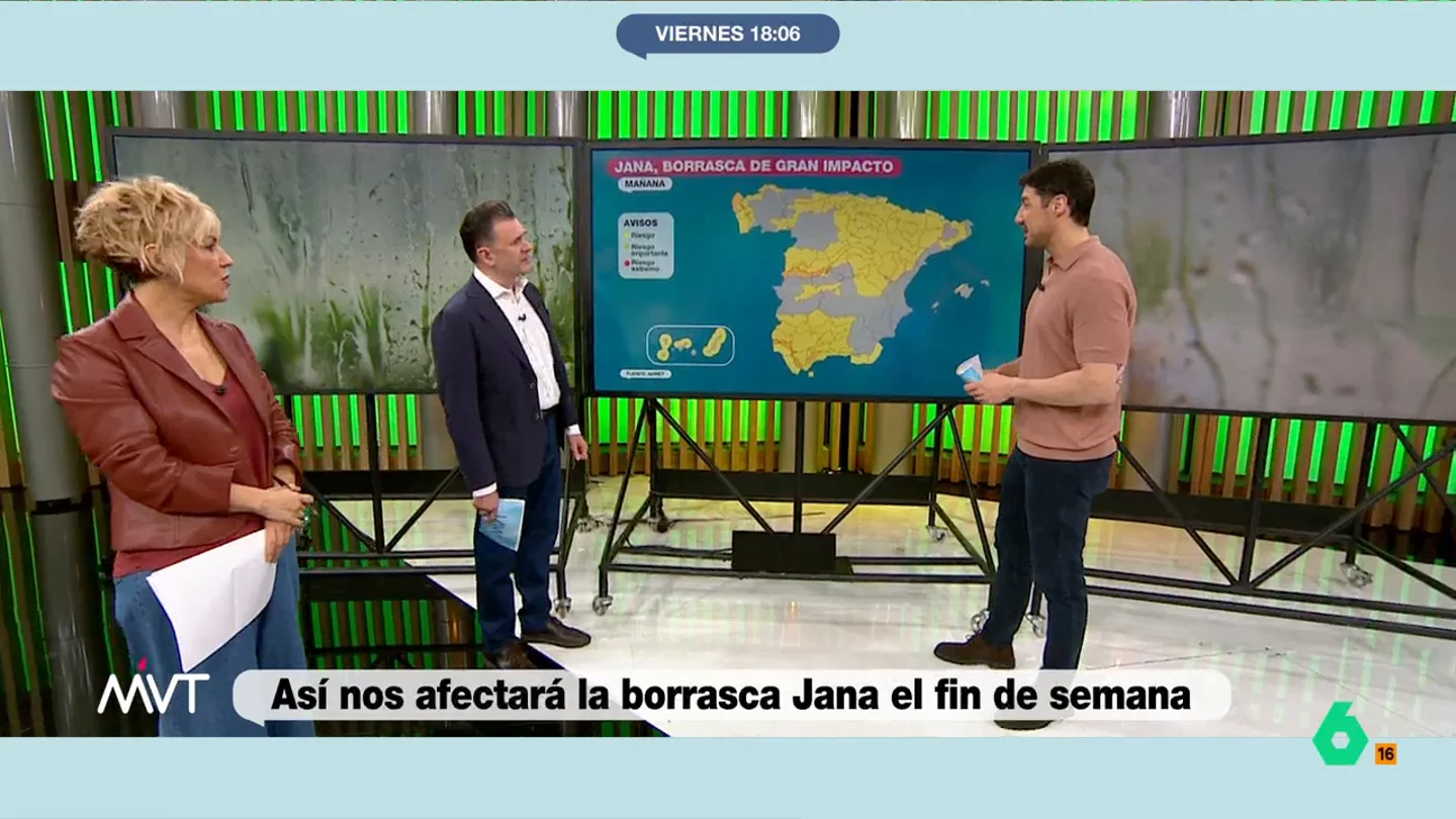 Iñaki López ironiza con la llegada de una nueva borrasca: "Lo vamos a pasar fetén con Jana" Francisco Cacho expone que el fin de semana hay avisos activados en la mayor parte de las comunidades autónomas de nuestro país por lluvia, rachas de viento fuertes o nieve.