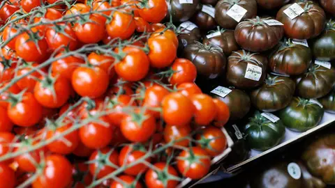 Dos variedades de tomates en un de Madrid.  Dos variedades de tomates en un de Madrid.