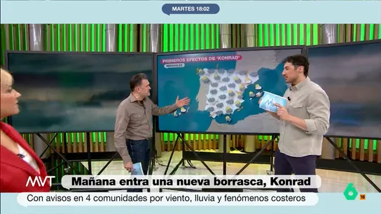 Iñaki López, sobre la nueva borrasca que entra España: "Miren cómo viene Konrad... ¡a tope!" Tras la marcha de Jana una nueva borrasca va a entrar a nuestro país por el Atlántico. Como expone Francisco Cacho, además de lluvia, "hay avisos por viento, oleaje y nevadas intensas". El meteorólogo advierte que el peor día será el jueves.