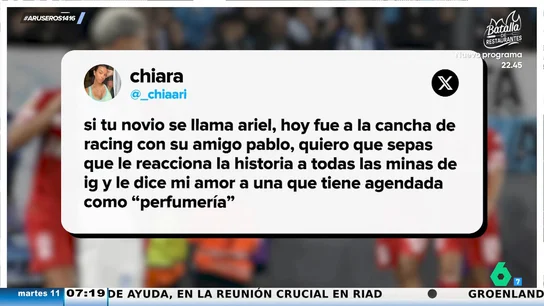 Una usuaria de X desenmascara a un infiel con un tuit: "Si tu novio se llama Ariel y hoy fue a la cancha del Racing con su amigo Pablo..." Una usuaria de X desenmascara a un infiel con un tuit: "Si tu novio se llama Ariel y hoy fue a la cancha del Racing con su amigo Pablo..."