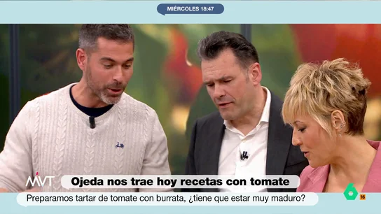 Así valora Iñaki López el tartar de tomate con burrata de Pablo Ojeda: "Me lo podría untar por el cuerpo..." El presentador de Más Vale Tarde y Cristina Pardo se han rendido ante la deliciosa y saludable propuesta de Pablo Ojeda que tiene el tomate como ingrediente principal.