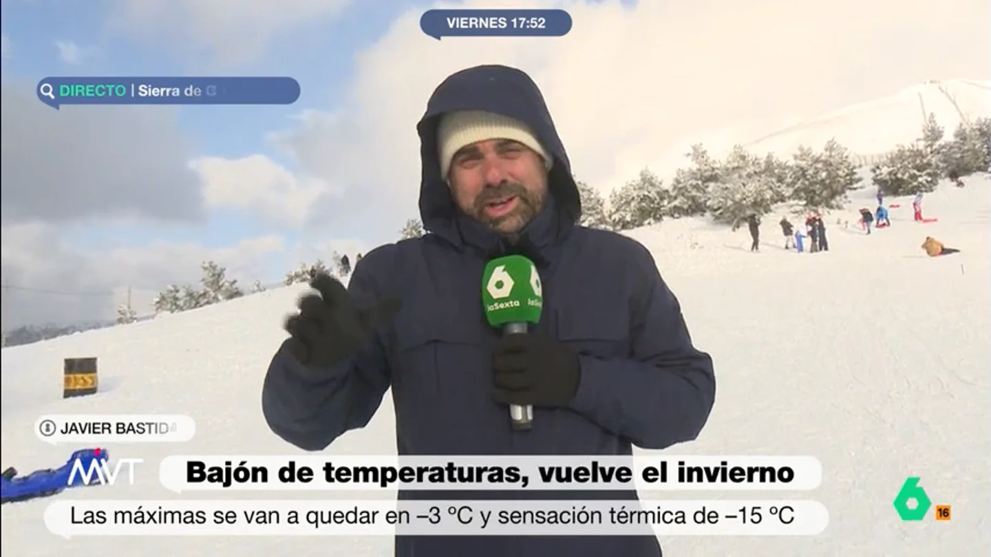 El dardo de Cristina Pardo a Javier Bastida: "Vas a volver de la nieve con la piel tersa, por lo menos vas a tener 45 años" El reportero conecta con el programa desde la Sierra de Guadarrama donde, a pesar del sol, Bastida está sufriendo una sensación térmica de cero grados.