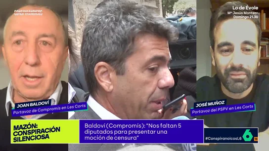 Baldoví pide apoyo al PSOE valenciano para una moción de censura contra Mazón "Si la presentan ellos, nosotros la aprobamos, y si no la quieren presentar, que nos presten los cinco diputados", reclama Baldoví al PSPV, cuyo portavoz en Les Corts, José Muñoz, también está presente en esta conversación con Jokin Castellón.